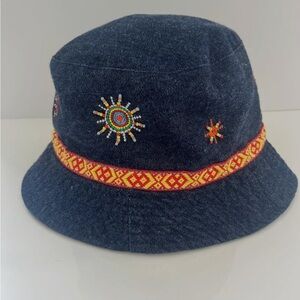 Vintage Women’s Navy Embroidered Denim Bucket Hat with Sun Motif